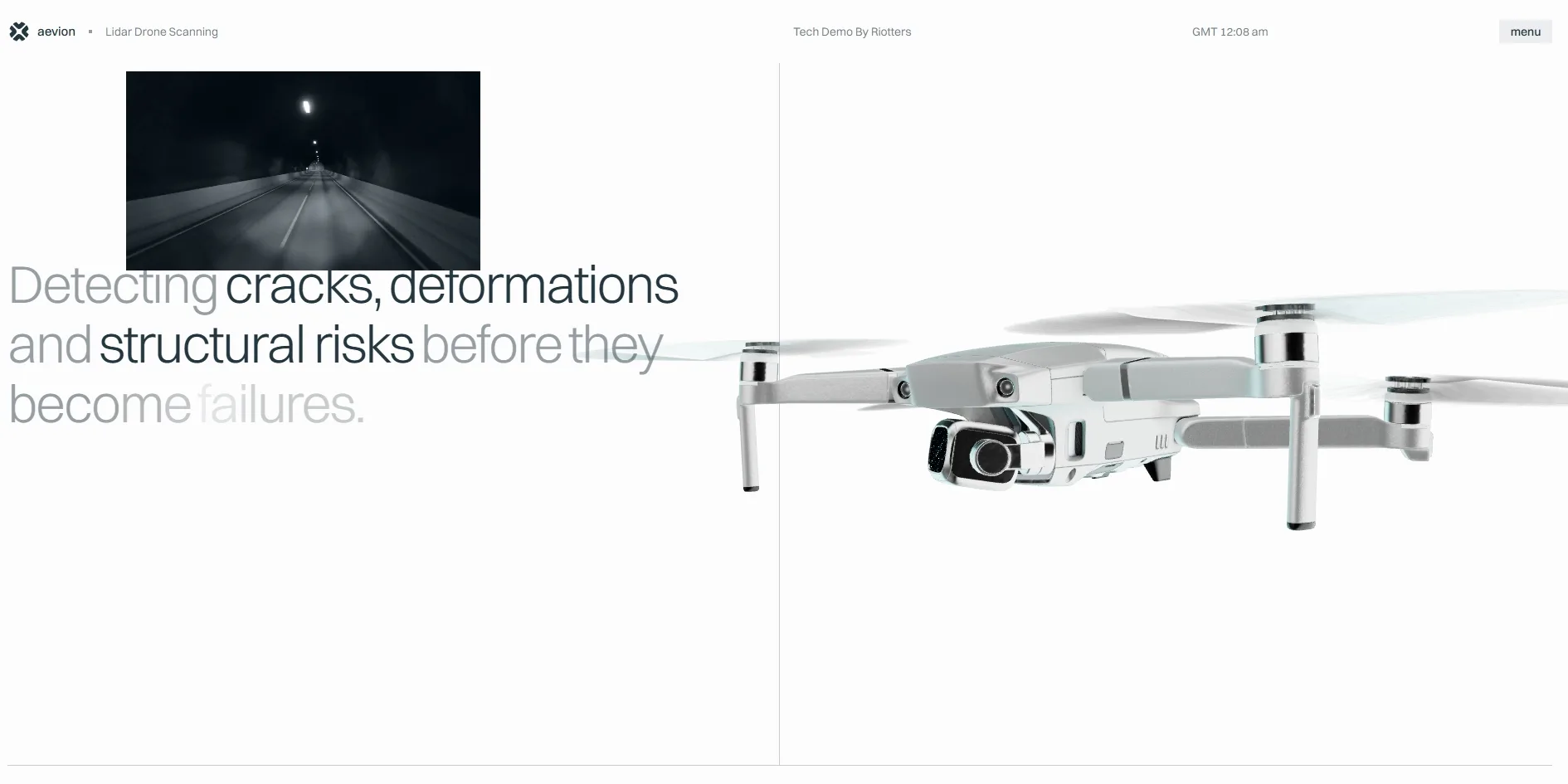 The left half holds the large headline Detecting cracks, deformations and structural risks before they become failures, with the key words dark and the rest light grey. With the cursor on cracks, a small window above plays a video of a dim tunnel, and the right half shows the drone from the side