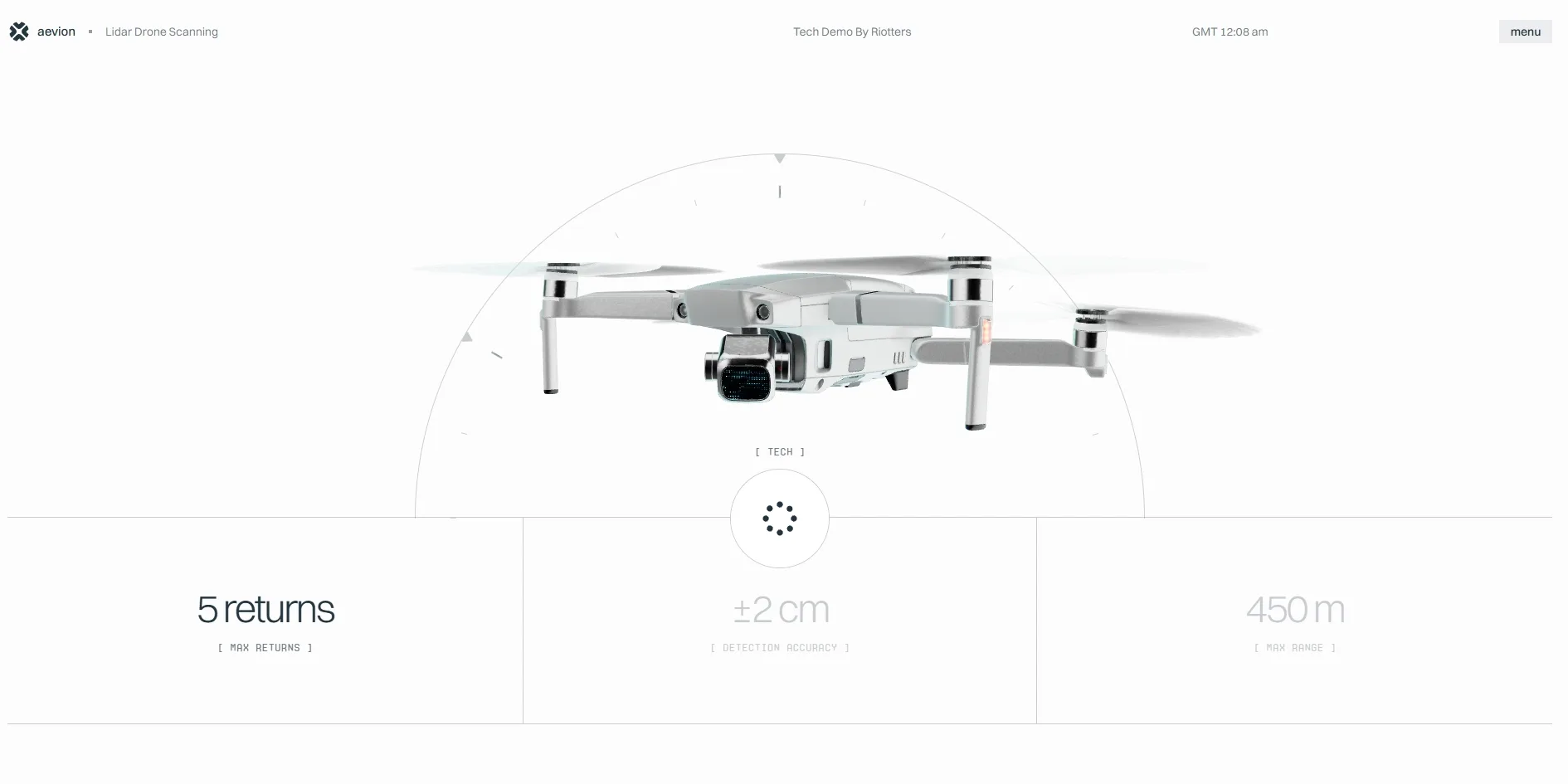 A thin semicircular gauge surrounds the drone in the middle. Of the three specifications below, 5 returns is dark while ±2 cm and 450 m are still light grey, and a small circle at the base of the semicircle holds a spinning dot icon