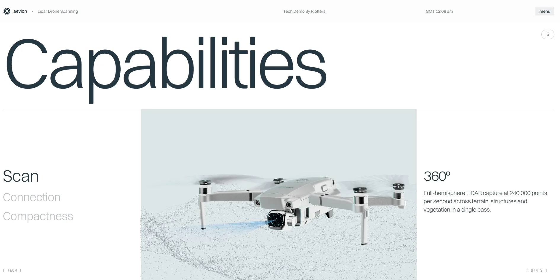 Under the large word Capabilities, Scan is dark on the left, a drone hovers in the middle over a swirl of grey scan points with a pale blue beam coming from its lens, and the right side reads 360° with a note about 240,000 points per second