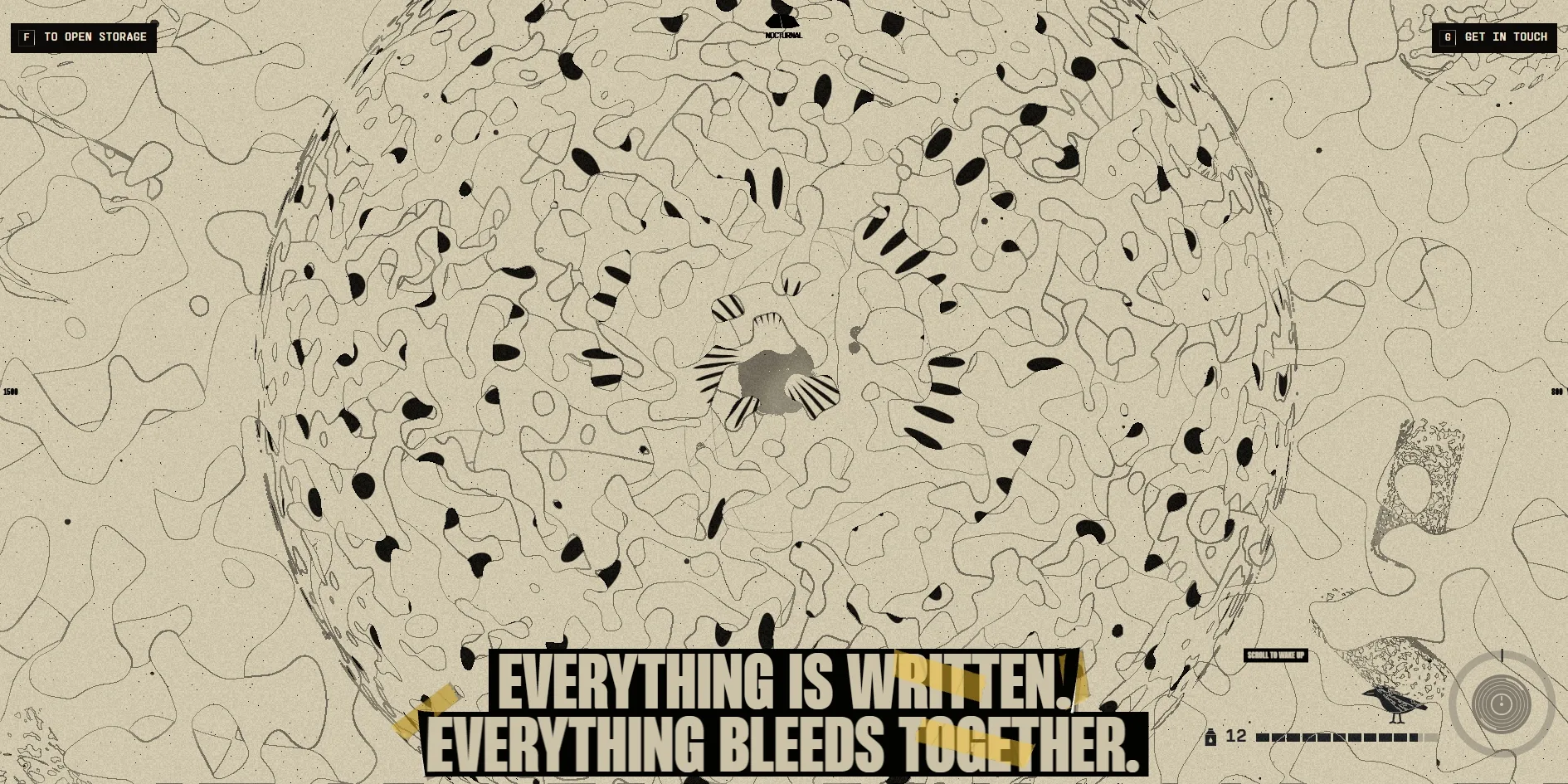 A line drawing of a cell fills the picture, with the nucleus in the middle surrounded by rings of black spots and winding outlines, and the title EVERYTHING IS WRITTEN. EVERYTHING BLEEDS TOGETHER. stuck along the bottom