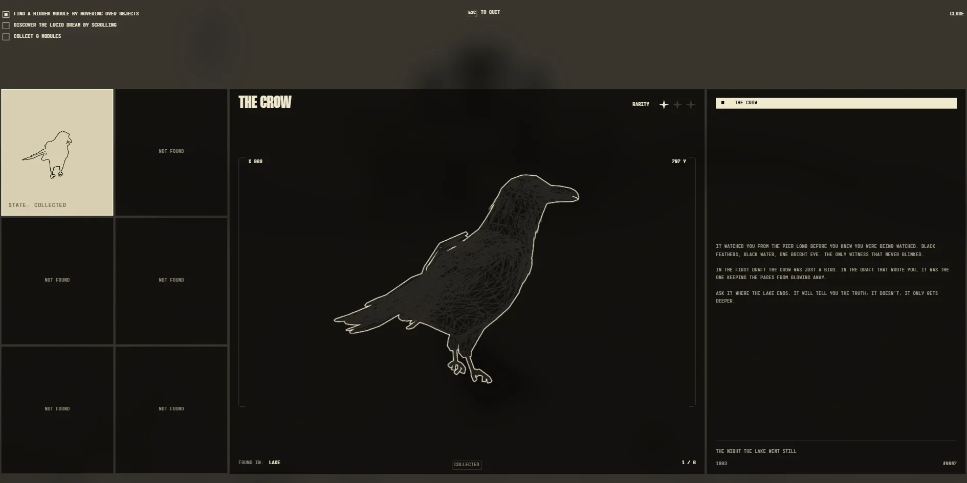 In the dark storage, only the first of six cards on the left is lit up in cream with the outline of a crow. In the middle is a wireframe crow woven from fine lines, one star is lit next to the title THE CROW, and FOUND IN LAKE sits below