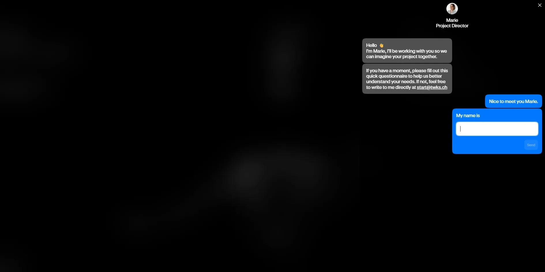 A dark chat window with Marie's photo and the words Project Director at the top, two grey bubbles on the left with Marie's greeting, a blue bubble on the right reading Nice to meet you Marie., and below it a blue bubble reading My name is with an empty input box and a Send button
