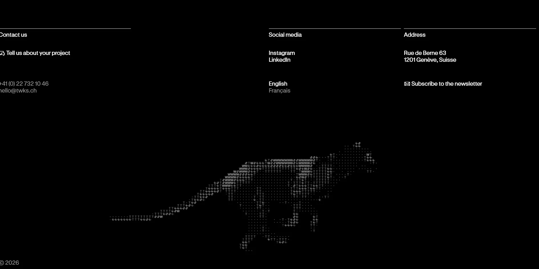 The upper part of the black footer holds three columns of contact details, and the lower part shows a panther running to the right, made of tightly packed small letters such as W, S and T and dots
