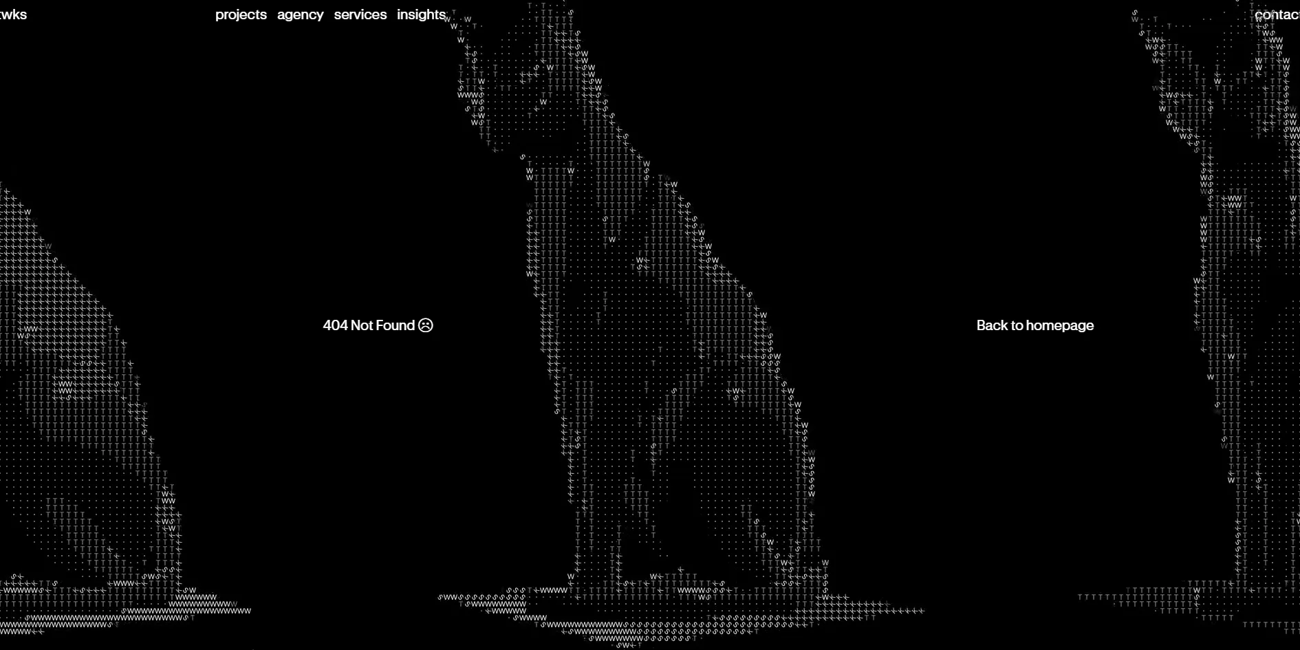 A black 404 page with three cats made of small letters, one half visible on the left, one sitting in the middle and one on the right, with 404 Not Found and Back to homepage written on either side
