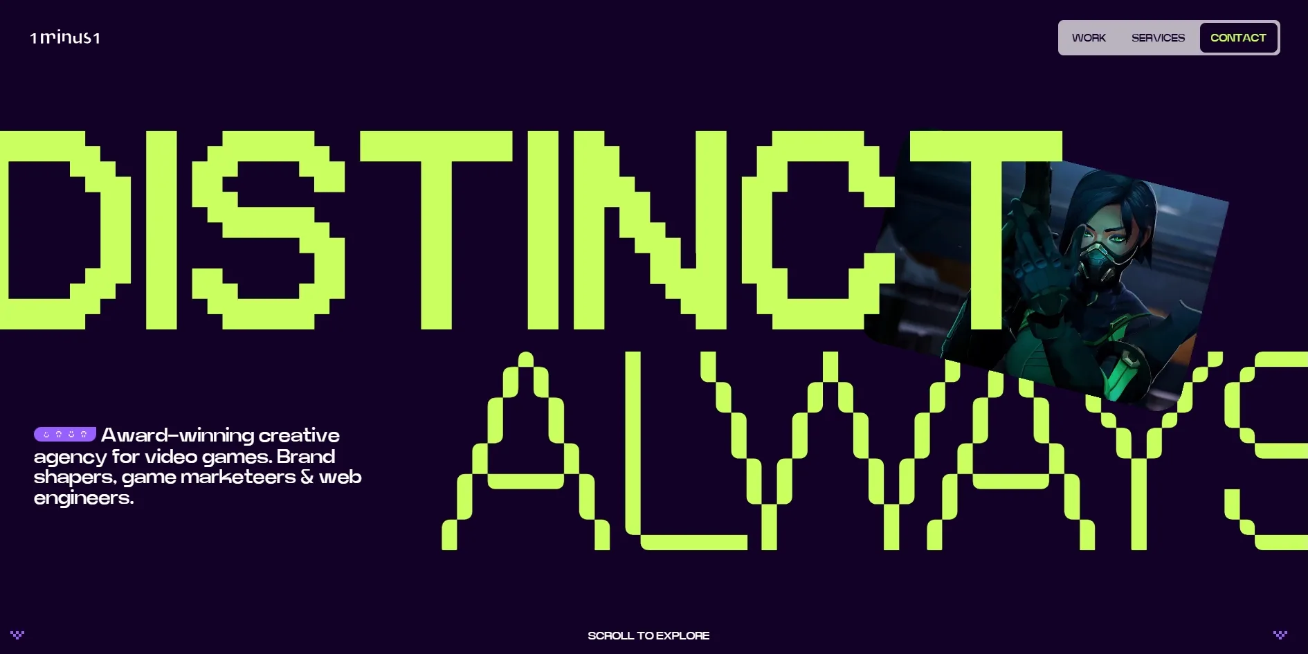 On the deep purple opening screen, the acid green pixel words DISTINCT and ALWAYS are staggered one above the other. A card is wedged in at an angle on the right showing a game character in a green mask, a short introduction sits at the lower left and the buttons WORK, SERVICES and CONTACT sit at the top right