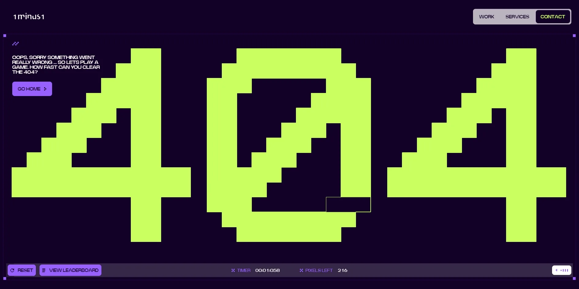 A huge 404 made of acid green blocks fills a deep purple screen, with one block at the lower right of the 0 already rubbed out to a thin outline. OOPS, SORRY SOMETHING WENT REALLY WRONG sits at the top left, and the RESET and VIEW LEADERBOARD buttons and the timer run along the bottom