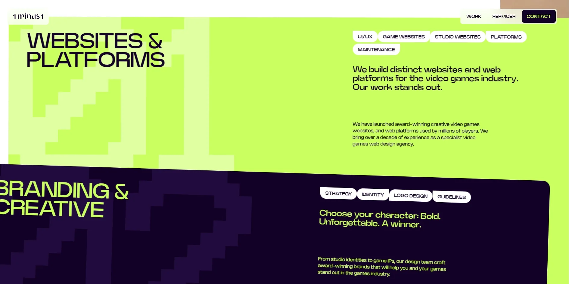 Two service cards overlap at an angle. The upper one is acid green with the large title WEBSITES & PLATFORMS and a pale pixel numeral 01 behind it, and the lower one is deep purple with the large title BRANDING & CREATIVE and tags such as STRATEGY and IDENTITY