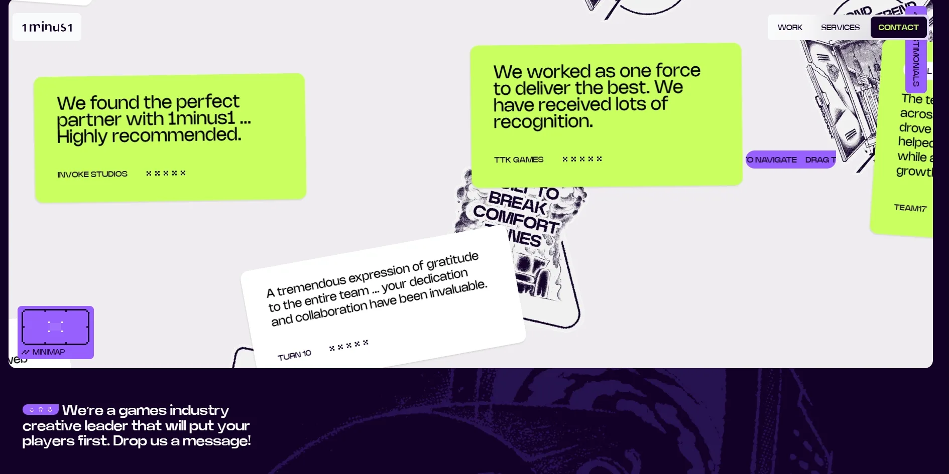 Acid green and white testimonial notes are stuck crookedly on a light grey background, signed INVOKE STUDIOS, TTK GAMES and TURN 10, with a black and white sticker reading BREAK COMFORT ZONES between them and a small purple MINIMAP frame at the lower left