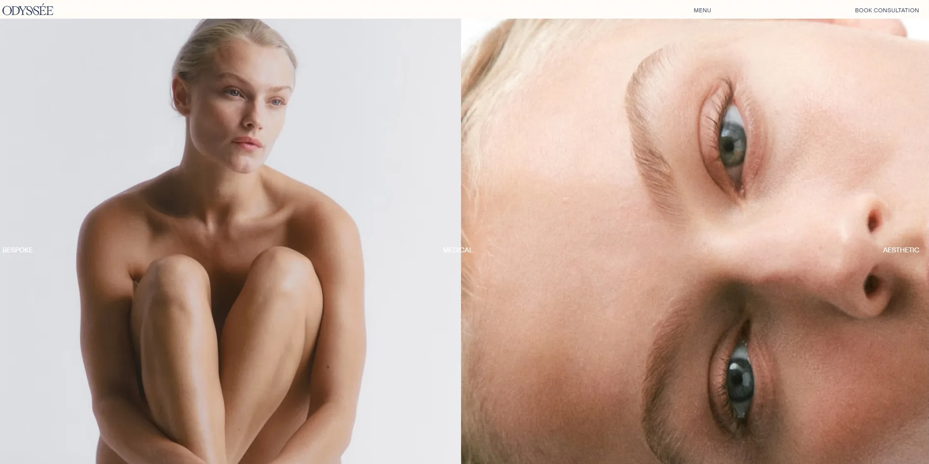 Across two large pictures side by side, the words BESPOKE, MEDICAL and AESTHETIC sit at the left, the centre and the right, and the right picture is a close-up of a face lying on its side