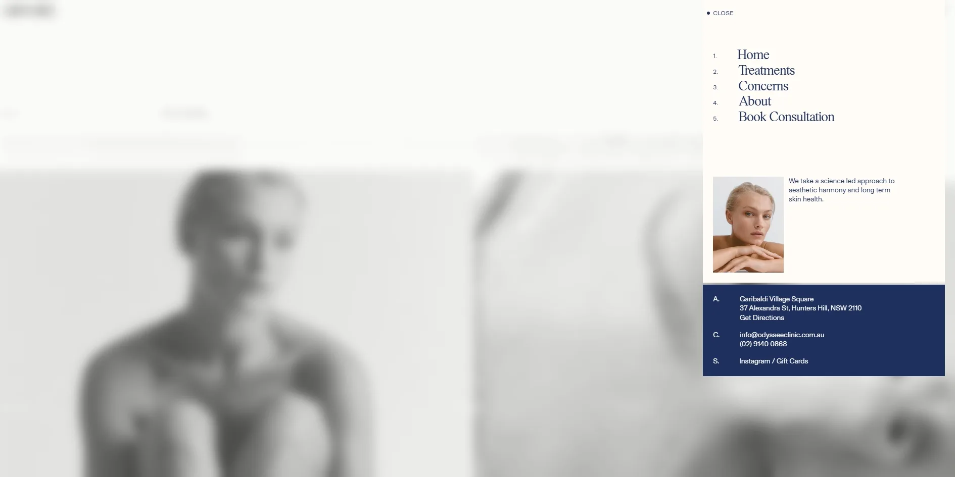 With the menu open, a card at the top right holds numbered links, a portrait and navy contact details, and the page behind it has turned into a blurred black and white image