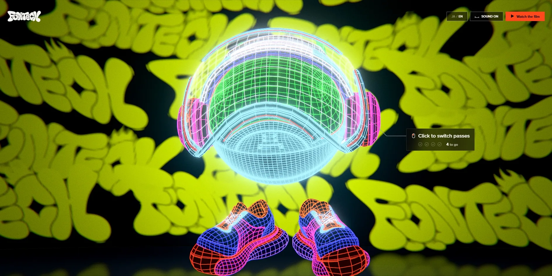 Fun-kun appears in the middle as a wireframe, the round head with headphones and the pair of sneakers all drawn in neon grid lines, in front of a yellow-green wall of FUNTECH graffiti lettering, with a hint card on the right reading Click to switch passes and 4 to go