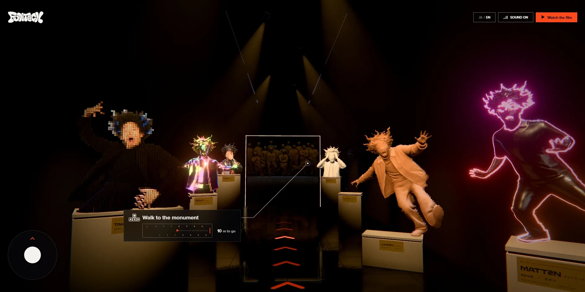 In a dim gallery, several staff busts stand on white plinths, a blue one on the left, a pale one in the middle and a few glowing gold and neon further back, with a round walking joystick at the bottom left and a hint card in the middle reading Walk to the monument