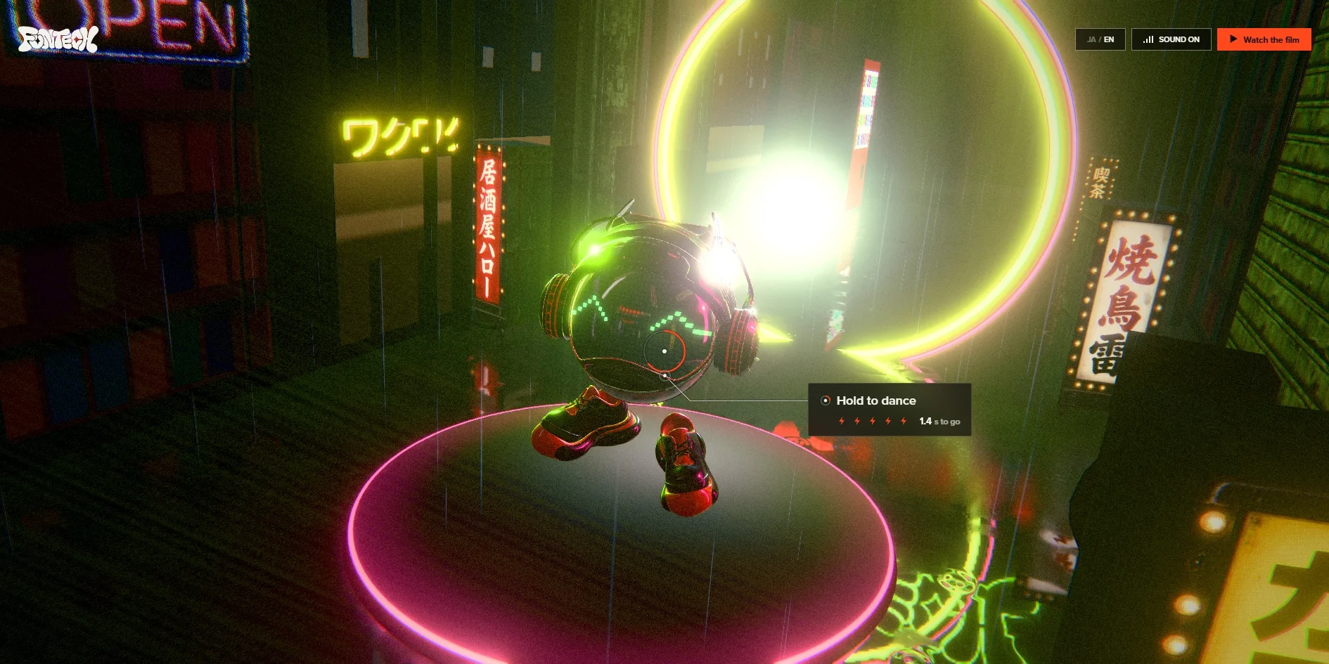 In the neon alley, Fun-kun stands on a pink glowing round stage in front of a yellow-green glowing ring, with tall signs such as 居酒屋ハロー and 焼鳥雷 on either side and a hint card above the right of the stage reading Hold to dance