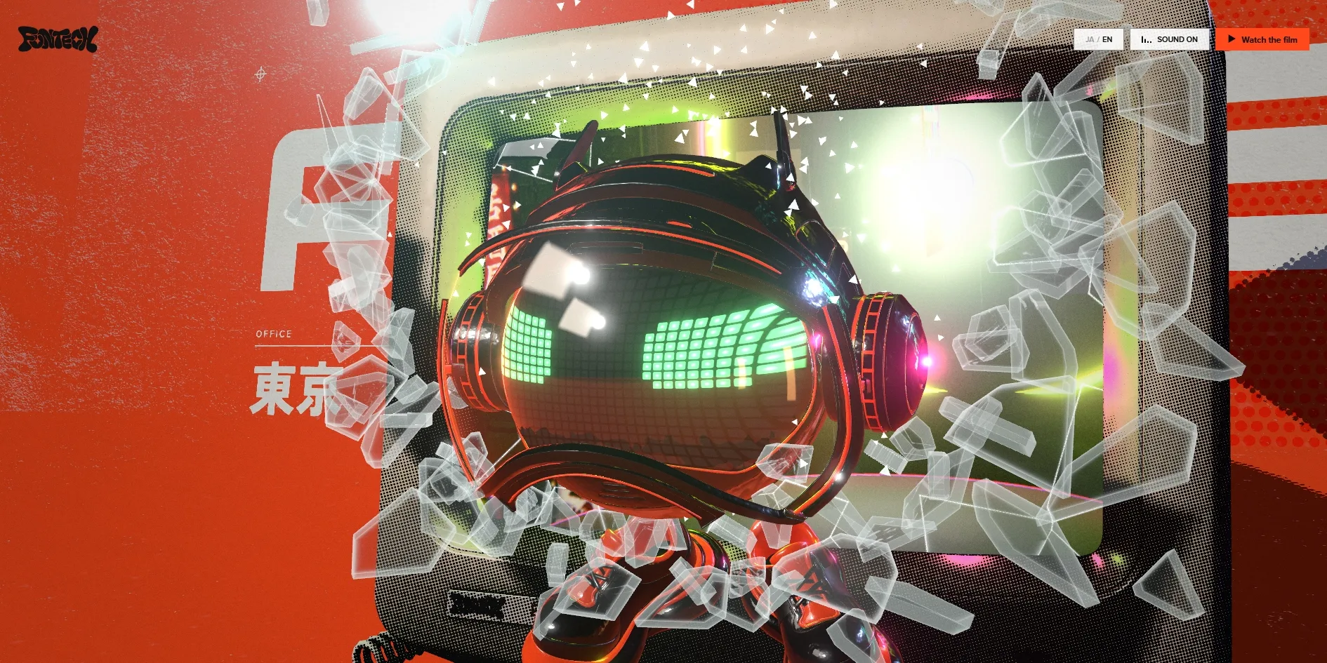Against an orange background, an old computer's screen is smashed to pieces with glass flying in all directions, as Fun-kun, wearing headphones and with green pixel eyes, bursts out of it