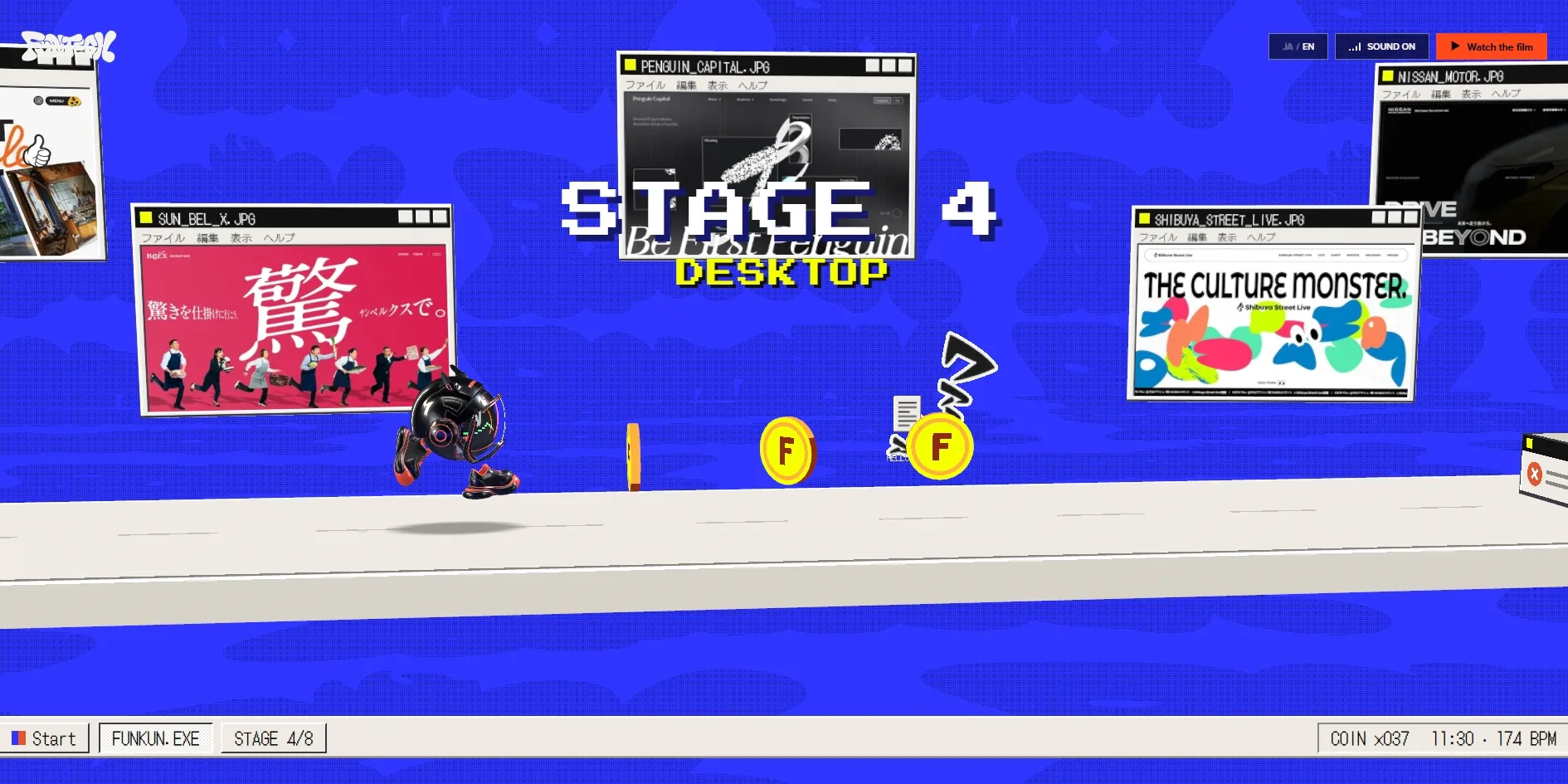A blue computer desktop with several windows showing screenshots of websites FunTech has made, STAGE 4 DESKTOP written in the middle, and Fun-kun in mid-jump with two coins ahead