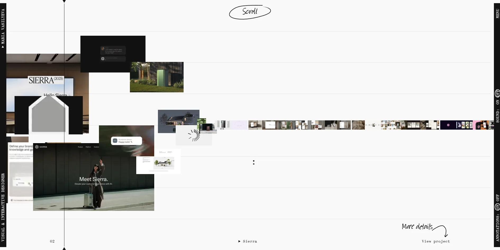 The home page resting on the Sierra project, with a vertical playhead crossing the staff lines, a dozen or so of that project's pictures piled around it and the title SIERRA laid over them