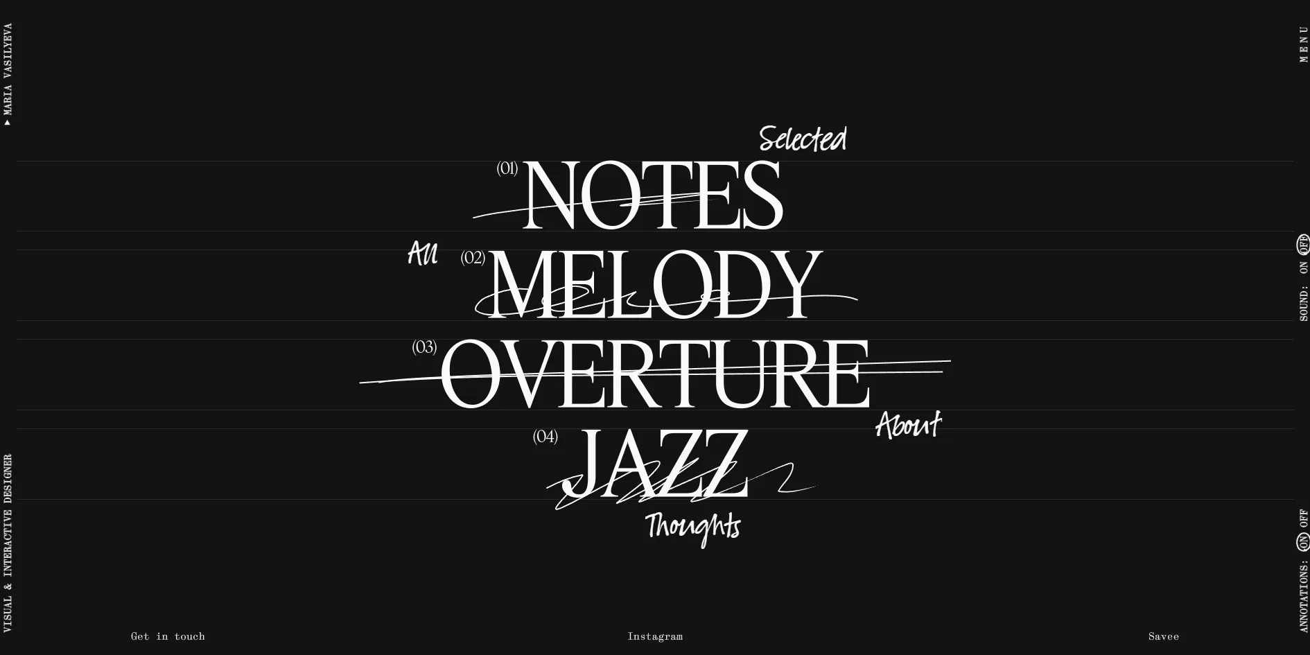 The menu flips the page to black, with the four large words NOTES, MELODY, OVERTURE and JAZZ each crossed out by a handwritten line and Selected, All, About and Thoughts written beside them