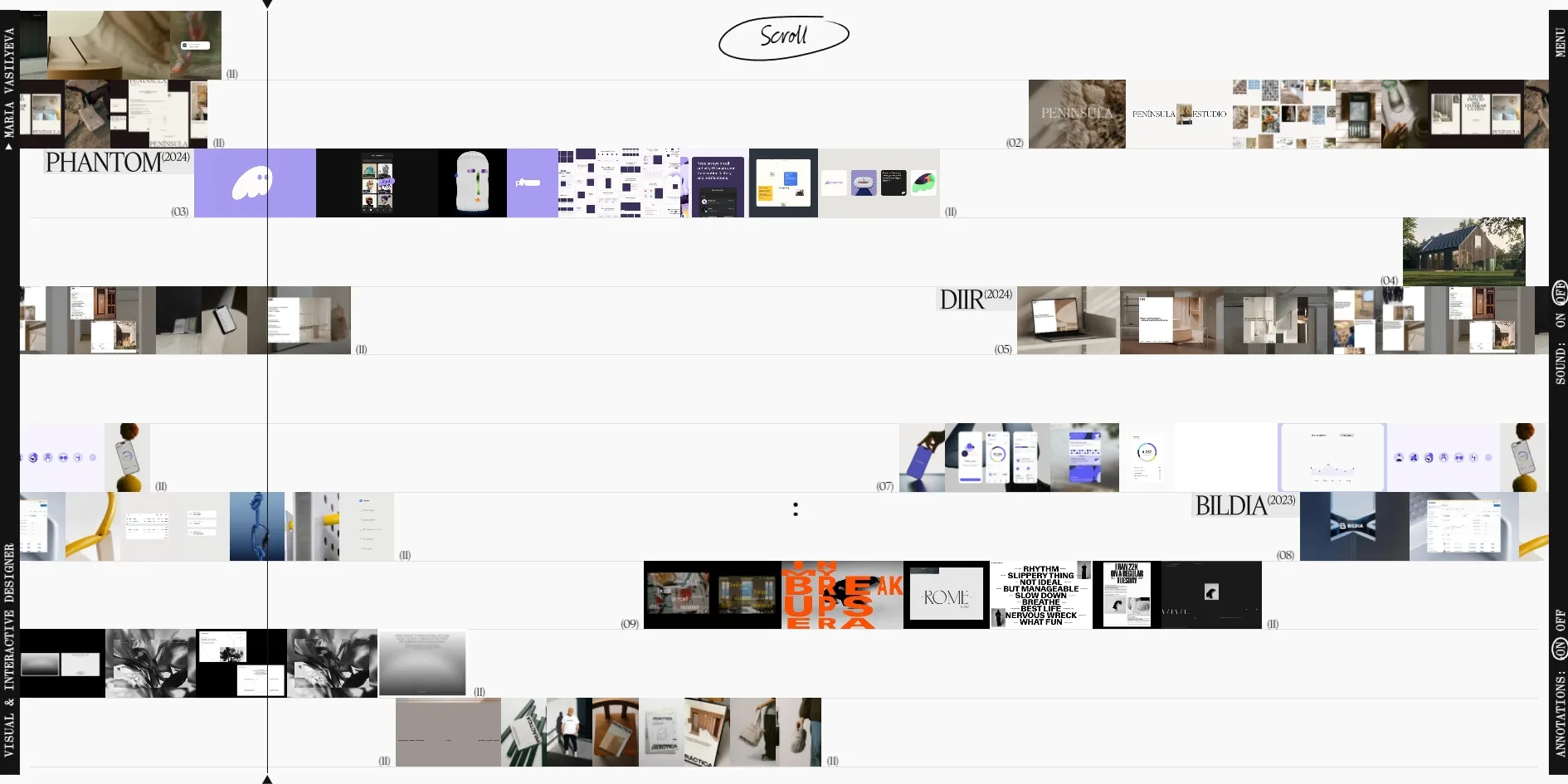 The MELODY page laying out the eleven projects as rows of tracks, each row a string of one project's pictures, with a vertical line running through all of them