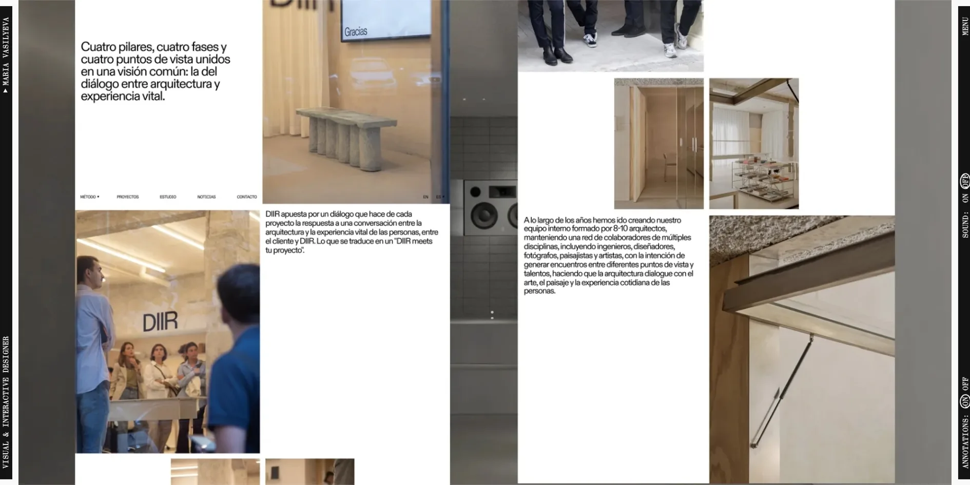 The DIIR case page, with several interior photos and website screenshots placed together and a block of project text in Spanish at the top left