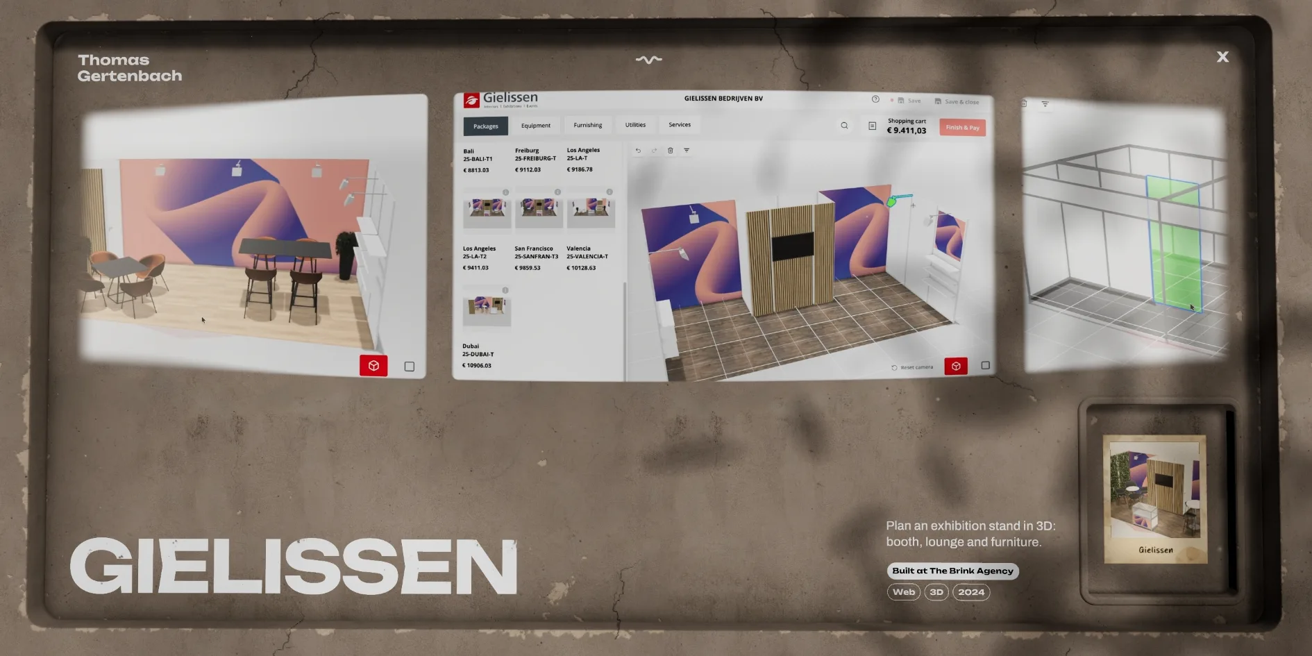 After Gielissen drops into the recess, three slightly curved screen recordings are projected onto the table with soft glowing edges, GIELISSEN is written at the bottom left and the photo sits in the recess at the bottom right