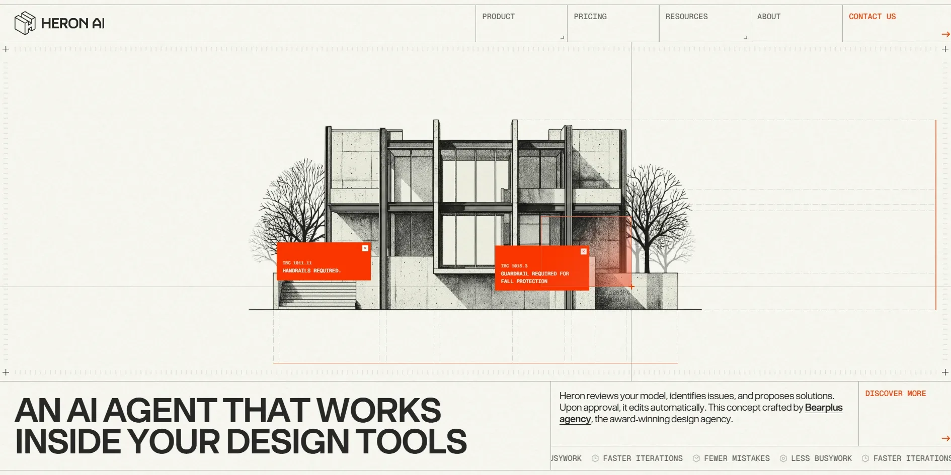 The first screen. A two-storey concrete house drawn in pencil and charcoal stands between two bare trees, a translucent orange selection box covers a patch at the lower right of the house, and two orange cards hang at the lower left and lower right of the house reading IBC 1011.11 HANDRAILS REQUIRED and IBC 1015.3 GUARDRAIL REQUIRED FOR FALL PROTECTION, above the large black words AN AI AGENT THAT WORKS INSIDE YOUR DESIGN TOOLS.