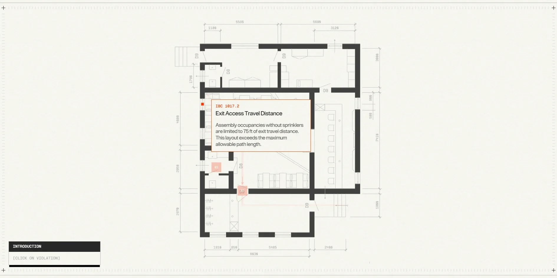 A floor plan drawn in thick black lines with dimension lines on every side. Beside a red dot on the left, a white card with an orange frame is open, headed IBC 1017.2 Exit Access Travel Distance, with a short note below saying that assembly spaces without sprinklers are limited to 75 feet of exit travel distance, and a small black label marked INTRODUCTION sits at the lower left.