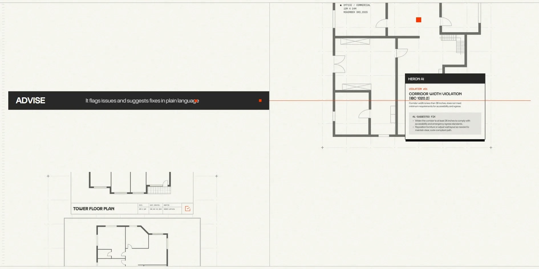 The Advise step in the section on how Heron works. A black bar carries the word ADVISE and the line It flags issues and suggests fixes in plain language. On the floor plan to the right hangs a HERON AI card flagging a corridor width violation under IBC 1020.2, with a grey panel below listing two fixes suggested by the AI, and the corner of another sheet labelled TOWER FLOOR PLAN shows at the lower left.