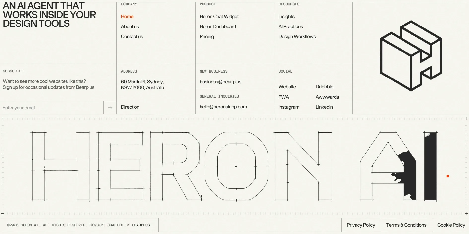 The footer. Its upper half is a grid of links, an address and a subscription box headed SUBSCRIBE with the line Want to see more cool websites like this? Its lower half holds the large outlined letters HERON AI, marked with ticks and centre points, where the final A and I have already been inked black in large patches by the cursor. The cube-shaped H logo sits at the upper right.