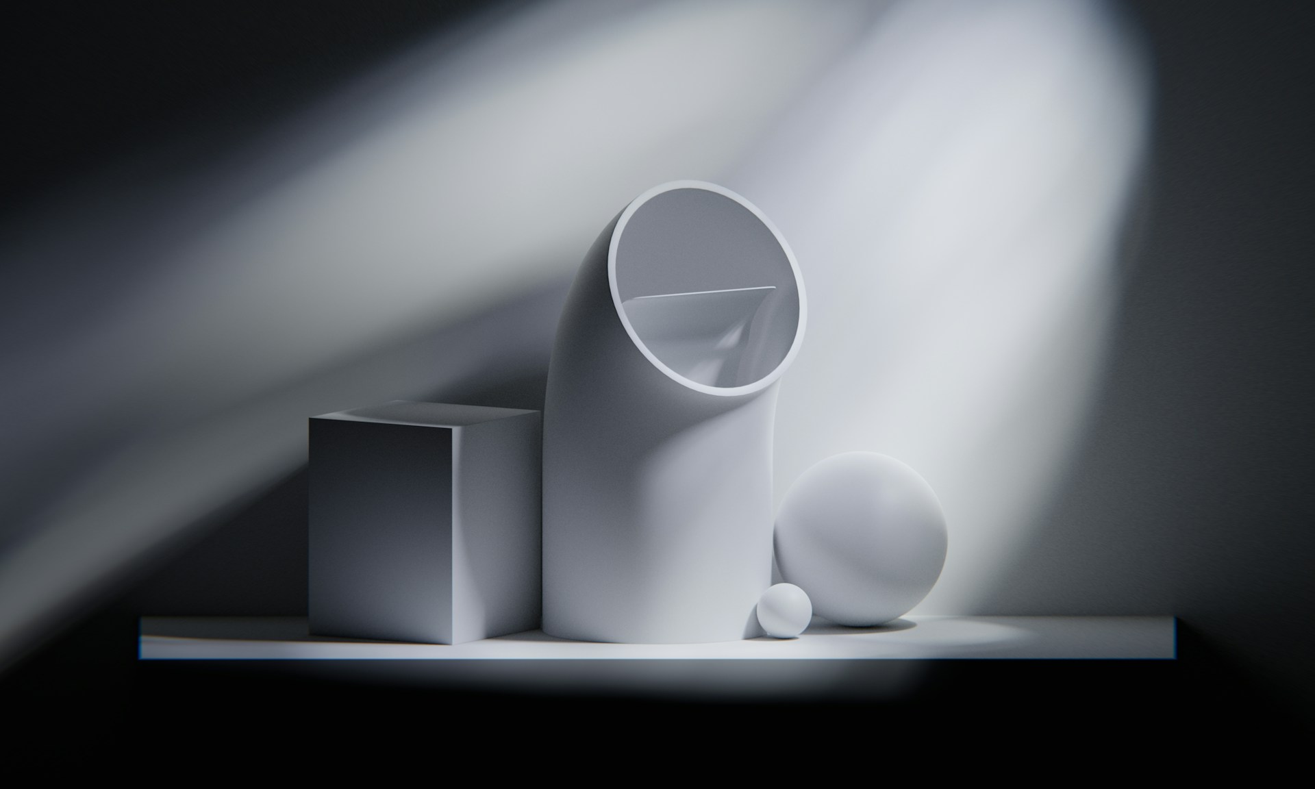 Minimalist 3D geometric forms lit by a soft beam — web design concept